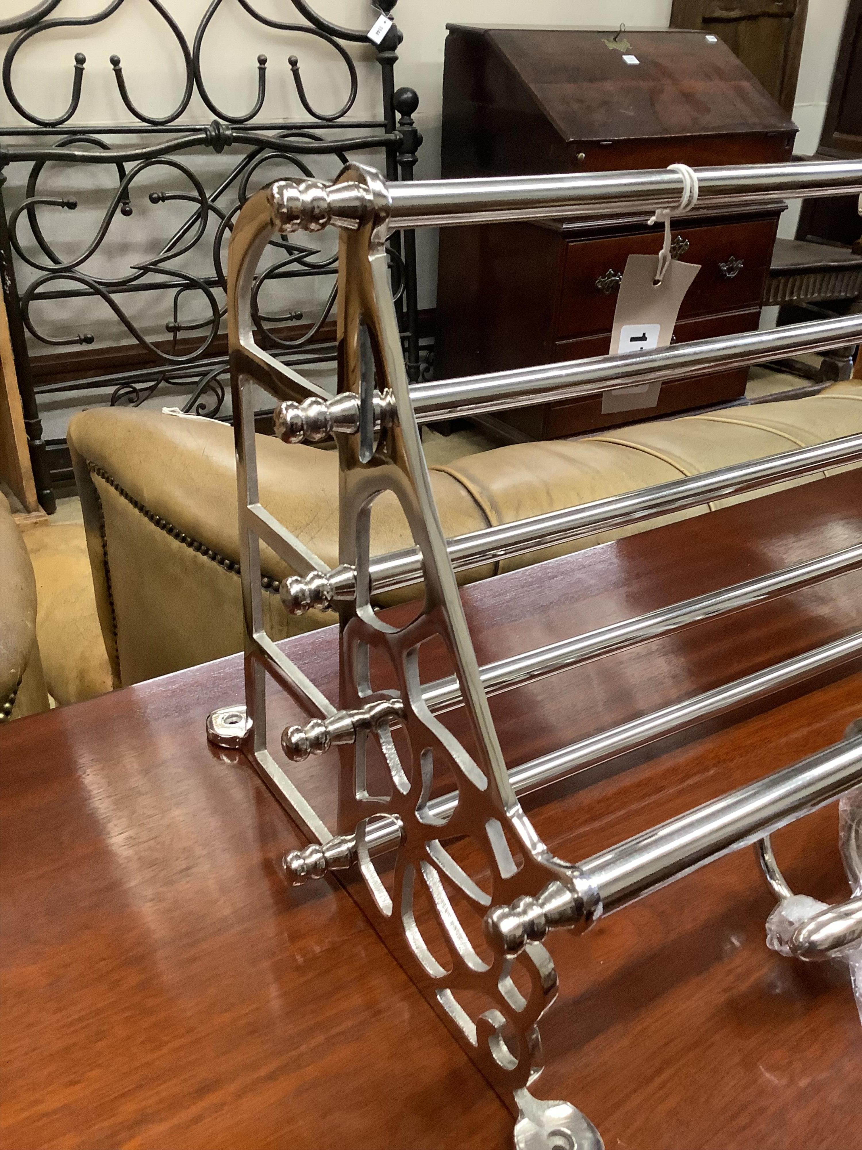 A nickel plated hanging coat and hat rack, width 68cm, depth 32cm, height 32cm